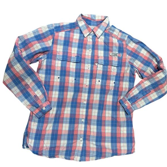 Columbia PFG Pink & Blue Plaid Long Sleeve Cotton Outdoor Button Up Shirt Medium - Picture 1 of 6